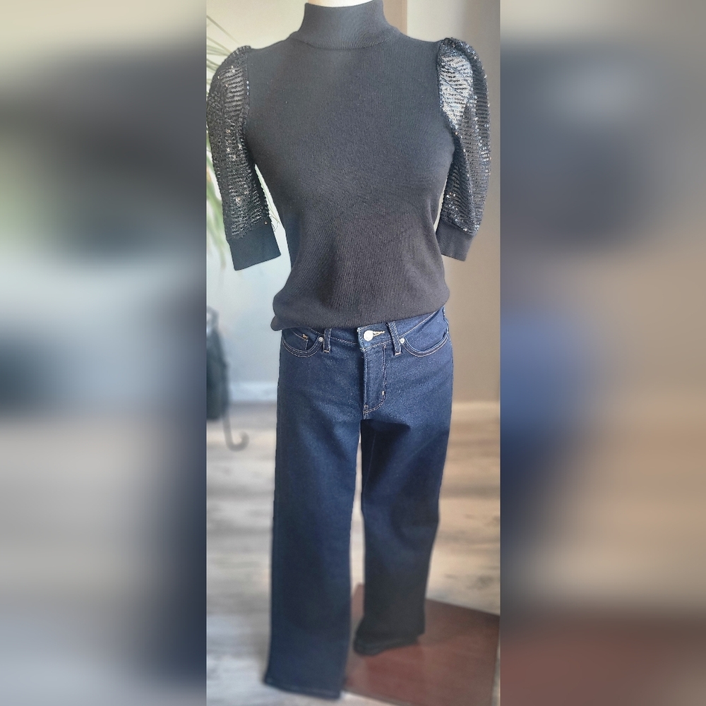 Carmen Marc Valvo Black Sequin Puff Sleeve Top - Size S - Elegant Evening Blouse - Picture 6 of 8
